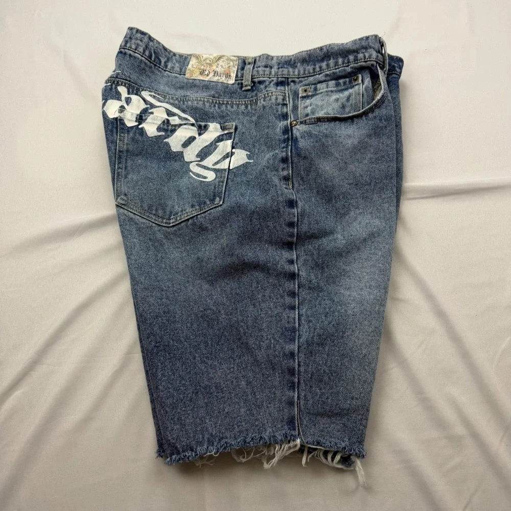 Ed Hardy Jean Shorts Mens 38 Blue Embroidered Dragon Logo Raw Hem MEHD8003-2